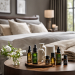 An image depicting a serene bedroom setting, with a diffuser releasing gentle mist and a variety of essential oil bottles beautifully arranged nearby