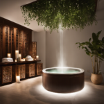 An image of a serene, dimly lit spa room with a ceramic diffuser gently releasing a cloud of eucalyptus-scented mist into the air