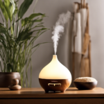 An image showcasing a serene home environment with a wooden diffuser emitting a gentle mist of exotic aromatherapy oils