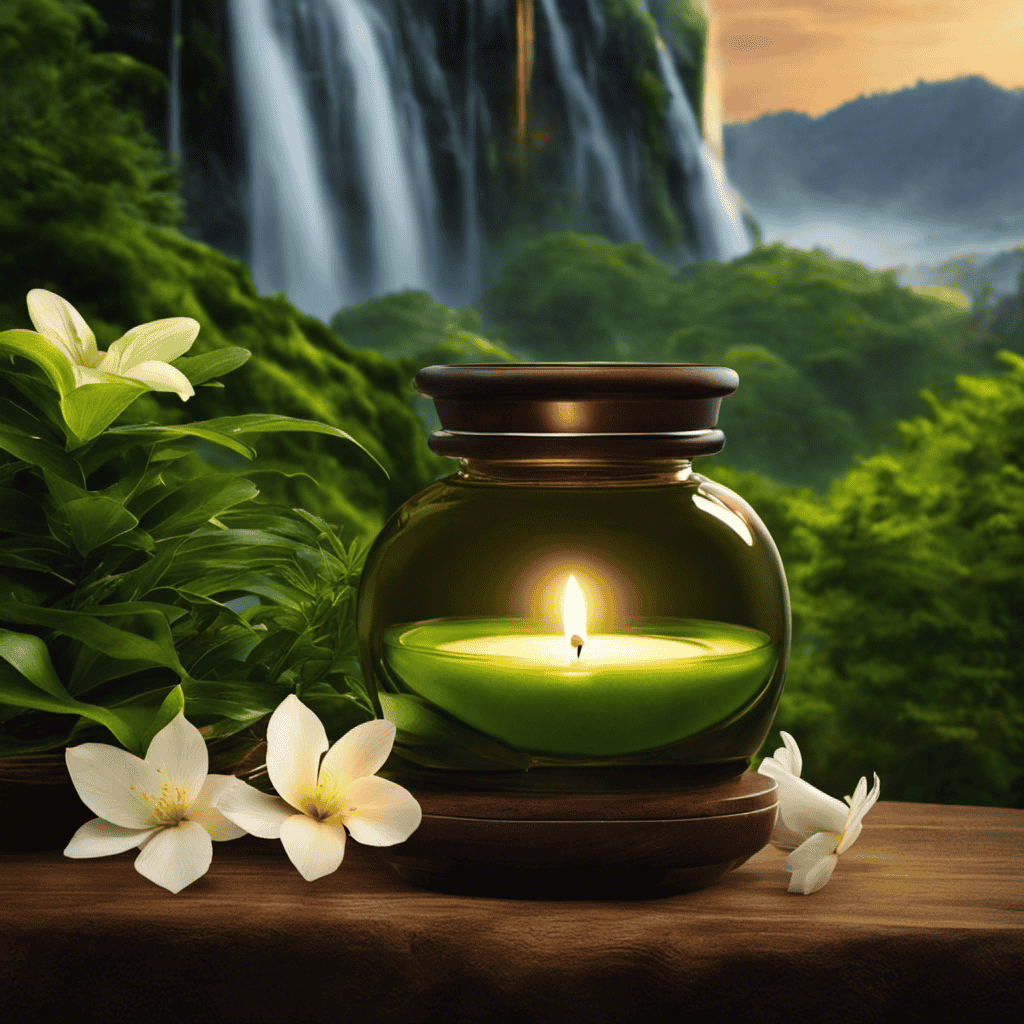 A captivating image showcasing a serene scene with a person gently diffusing Gurunda Aromatherapy oils, surrounded by soft candlelight, lush greenery, and a tranquil waterfall cascading in the background