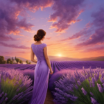 An image showcasing a serene scene of a lavender field at sunset, with a woman gently inhaling the aroma from a lavender bouquet
