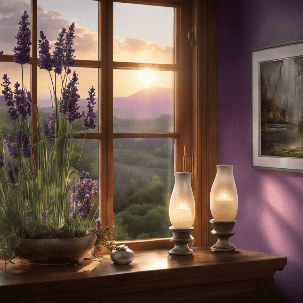 An image showcasing a serene setting with a diffuser emitting a gentle mist of lavender essential oil