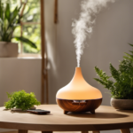 An image showcasing a serene setting with a wooden table holding an Earthly Elements Aromatherapy Diffuser, surrounded by lush green plants and softly illuminated by the diffuser's gentle mist