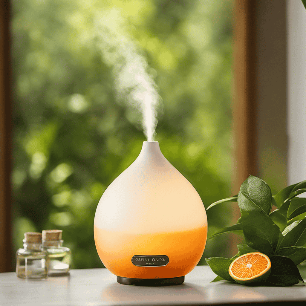 An image showcasing a serene environment with a glass diffuser releasing a delicate orange mist
