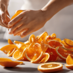 An image showcasing a serene scene of orange peels being delicately dried in the sun, emitting a vibrant citrus aroma, as a hand reaches out to grasp one, capturing the essence of using orange peel in aromatherapy