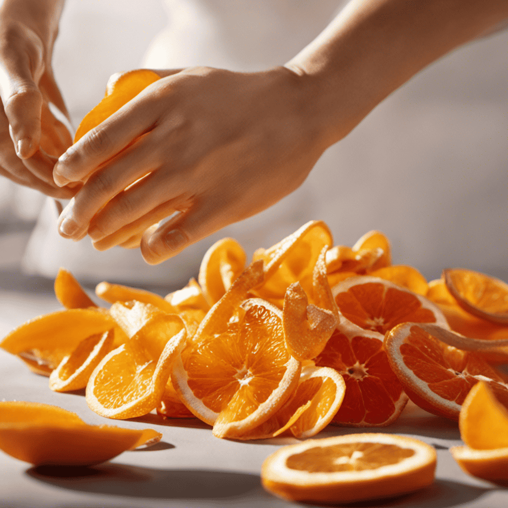An image showcasing a serene scene of orange peels being delicately dried in the sun, emitting a vibrant citrus aroma, as a hand reaches out to grasp one, capturing the essence of using orange peel in aromatherapy