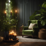 An image showcasing a serene scene: a dimly lit room with a flickering candle, where a warm aroma of patchouli oil wafts from a diffuser, surrounded by lush green plants and a cozy armchair