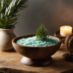 An image showcasing a serene, natural scene with a rustic wooden bowl filled with aromatic powdered pine resin tree gum
