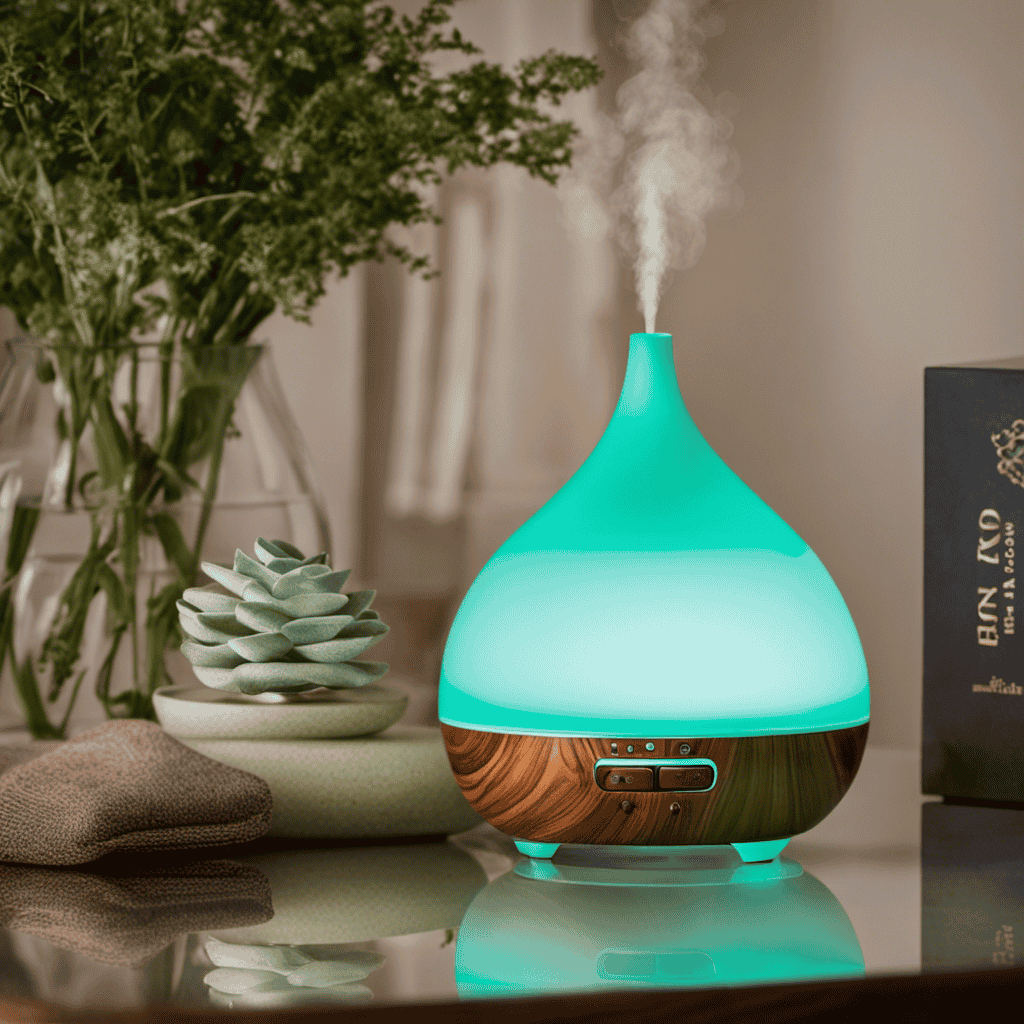 An image showcasing the Sage Hill Aromatherapy Diffusers in action, with soft, warm lighting illuminating a tranquil living room