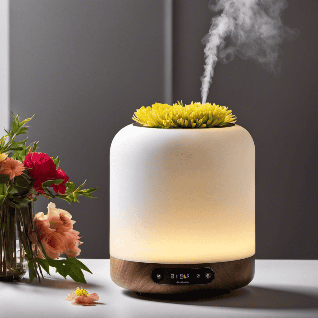 An image showcasing the Sensori Aromatherapy Diffuser Humidifier: a sleek, cylindrical device emitting a gentle mist, surrounded by a soft, calming glow