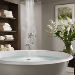 An image showcasing a serene bathroom scene, where steam rises from a luxurious shower, enveloping the space with a fragrant mist
