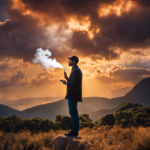 An image featuring a person holding a sleek, modern vape pen, gently inhaling a fragrant cloud of essential oil vapor