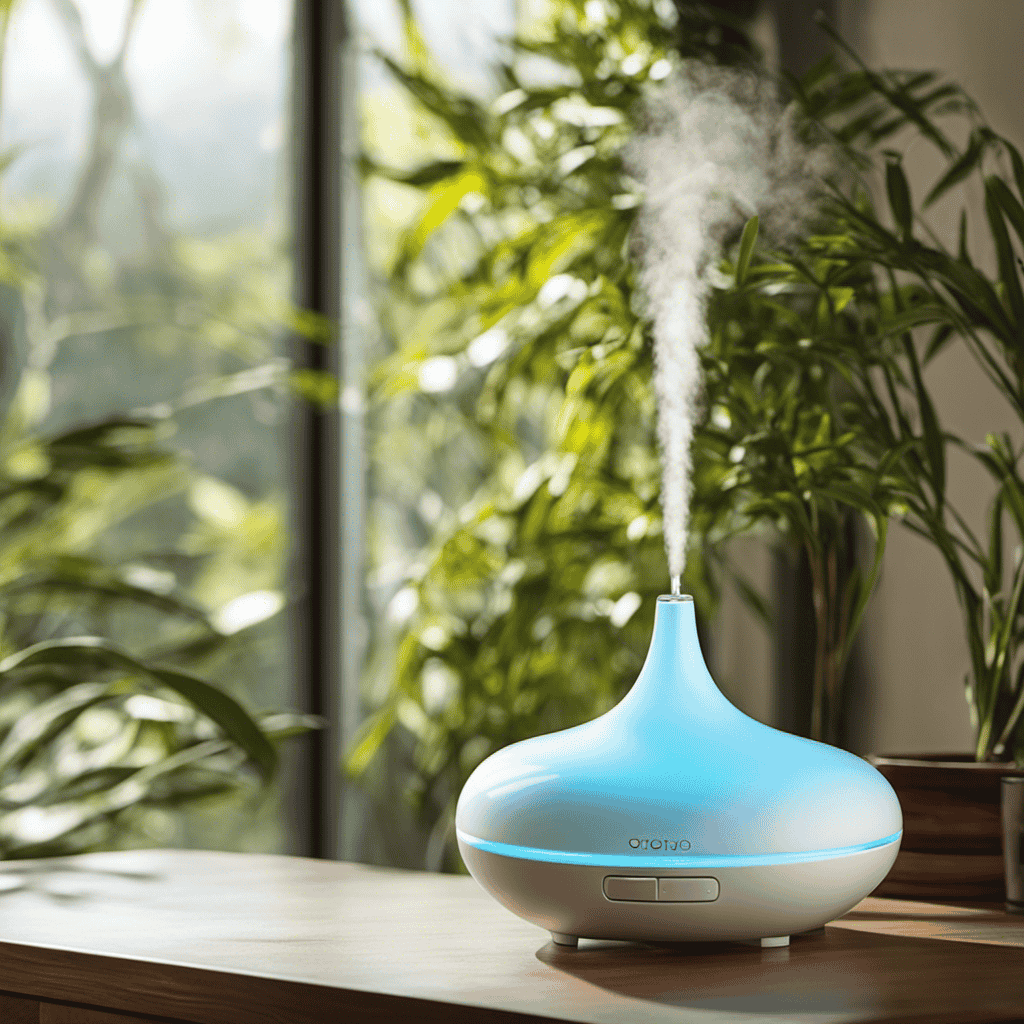 An image showcasing a tranquil setting with a sleek, modern diffuser releasing a gentle mist