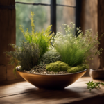 An image capturing the serene ambiance of a dimly lit room, with warm rays of sunlight gently filtering through wisps of aromatic vapor emanating from a carefully placed bowl of dried herbs, inviting tranquility and relaxation