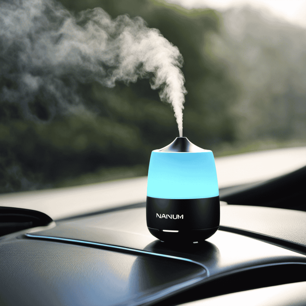 An image showcasing a sleek car interior with the 2nd Generation Nanum Mini Aromatherapy Car Humidifier subtly placed on the dashboard