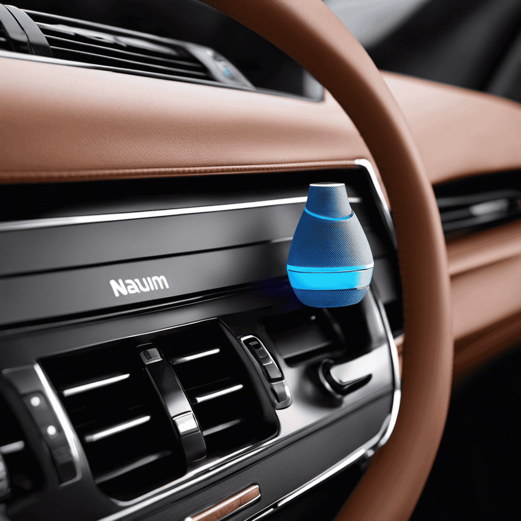 An image showcasing a sleek car interior with the Nanum Mini Aromatherapy Car Humidifier elegantly mounted on the dashboard, emitting a fine mist of refreshing fragrance into the air
