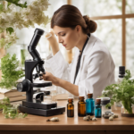 An image showcasing a serene setting with a person inhaling aromatic essential oils, surrounded by scientific equipment like beakers, microscopes, and brain scan images
