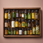 An image featuring a wooden tray with an assortment of glass bottles filled with various carrier oils, such as jojoba, almond, and coconut