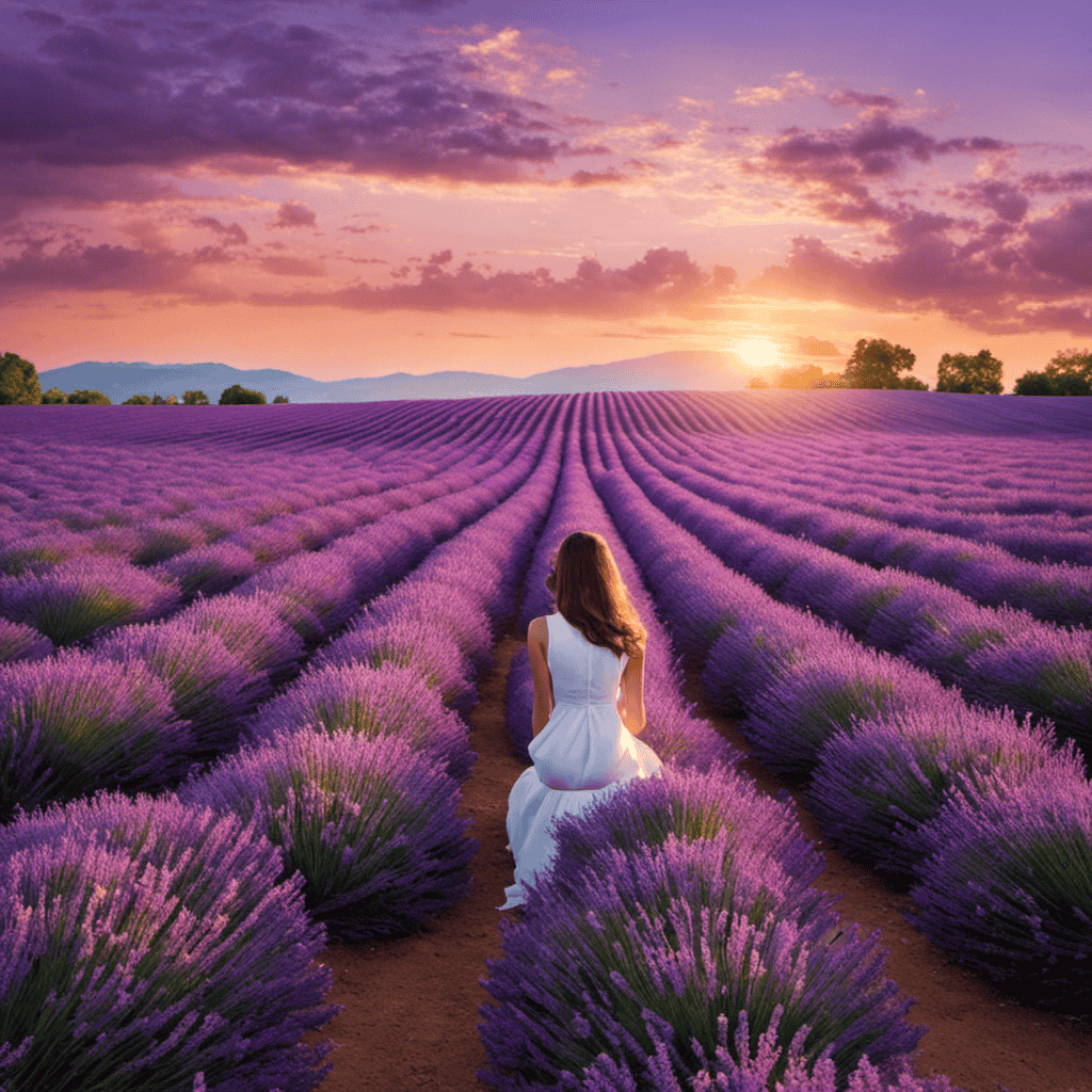 An image showcasing a serene scene of a lavender field at sunset, with soft purple hues dominating the sky