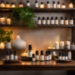 An image showcasing the serene ambiance of an aromatherapy session: soft, diffused lighting illuminating a tranquil space adorned with shelves of beautifully labeled essential oil bottles, surrounded by comforting plants and cozy furnishings