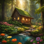 An image featuring a serene forest scene with rays of sunlight filtering through the lush canopy, highlighting a small, rustic wooden cabin nestled among vibrant flowers, enticing readers to discover where to purchase Nature's Origin aromatherapy products