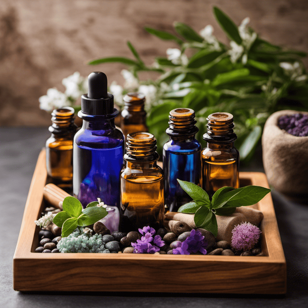 An image showcasing an inviting, serene spa setting with a wooden tray displaying an array of colorful essential oil bottles