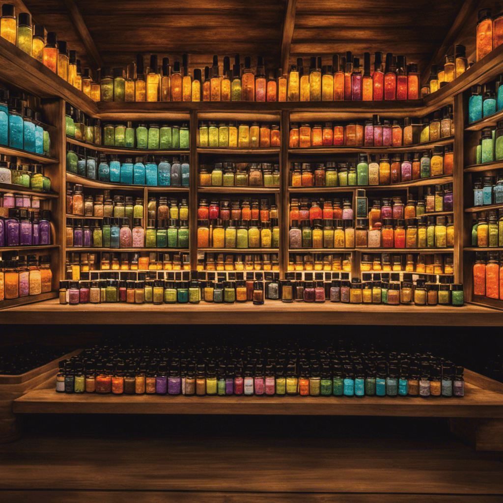 An image showcasing a bustling local market stall, adorned with colorful and intricately designed bottles of essential oils