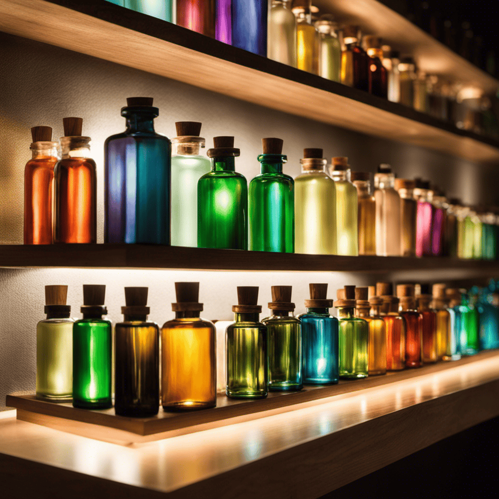 An image showcasing a serene, well-lit room with shelves adorned by rows of neatly labeled, colorful glass bottles containing various aromatherapy oils