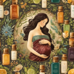 An image depicting a serene pregnant woman surrounded by various essential oils, except for one oil that is crossed out