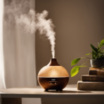 An image showcasing a room aromatherapy diffuser in action: a gentle mist swirling out of the device, dispersing aromatic particles into the air, while soft rays of sunlight illuminate the room, creating a serene and tranquil ambiance