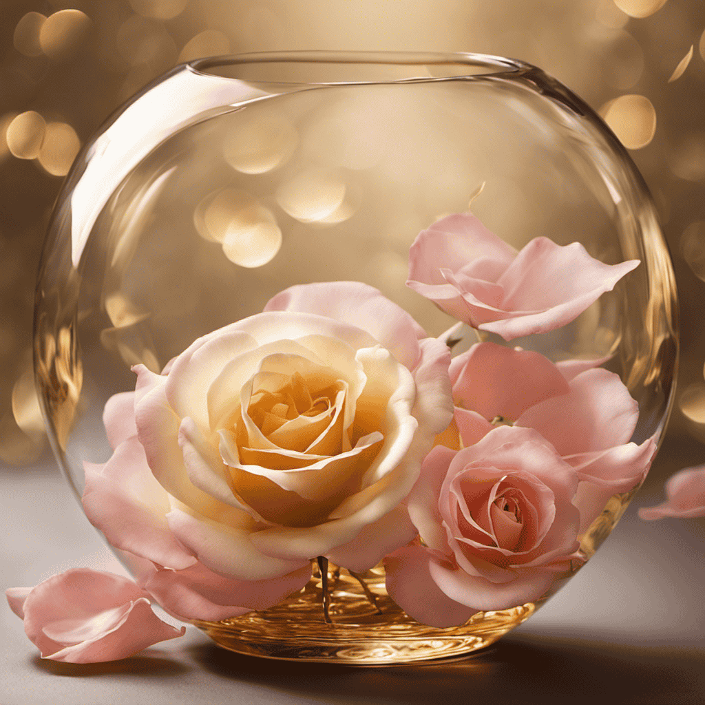 An image showcasing a serene scene with delicate rose petals floating in a glass vase filled with golden-hued rose oil, diffusing ethereal wisps of fragrance that dance gracefully through the air