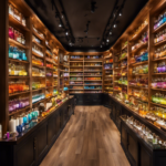 An image showcasing a vibrant and inviting aromatherapy boutique nestled amidst a bustling cityscape, with shelves adorned with colorful bottles, delicate scents wafting through the air, and enthusiastic customers exploring the array of products