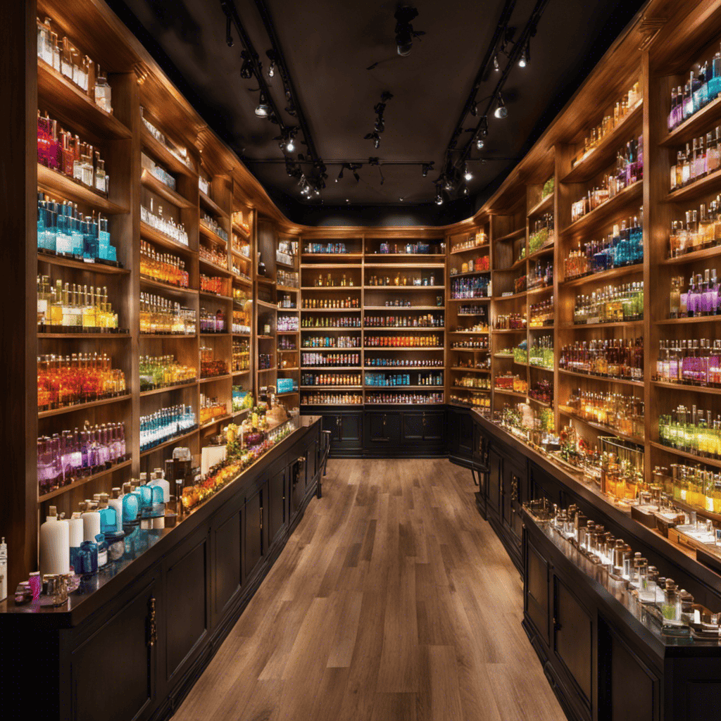 An image showcasing a vibrant and inviting aromatherapy boutique nestled amidst a bustling cityscape, with shelves adorned with colorful bottles, delicate scents wafting through the air, and enthusiastic customers exploring the array of products