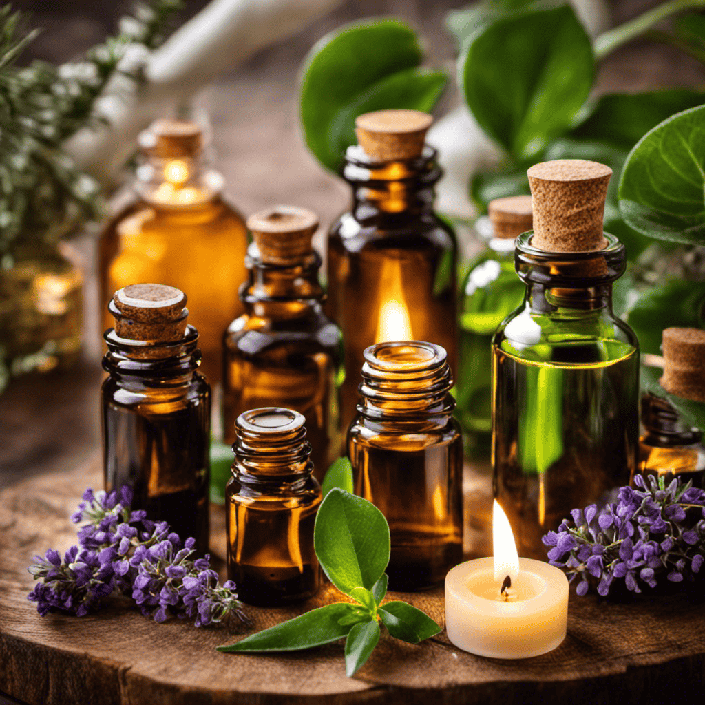An image showcasing various essential oils in labeled bottles, surrounded by serene greenery and soft candlelight