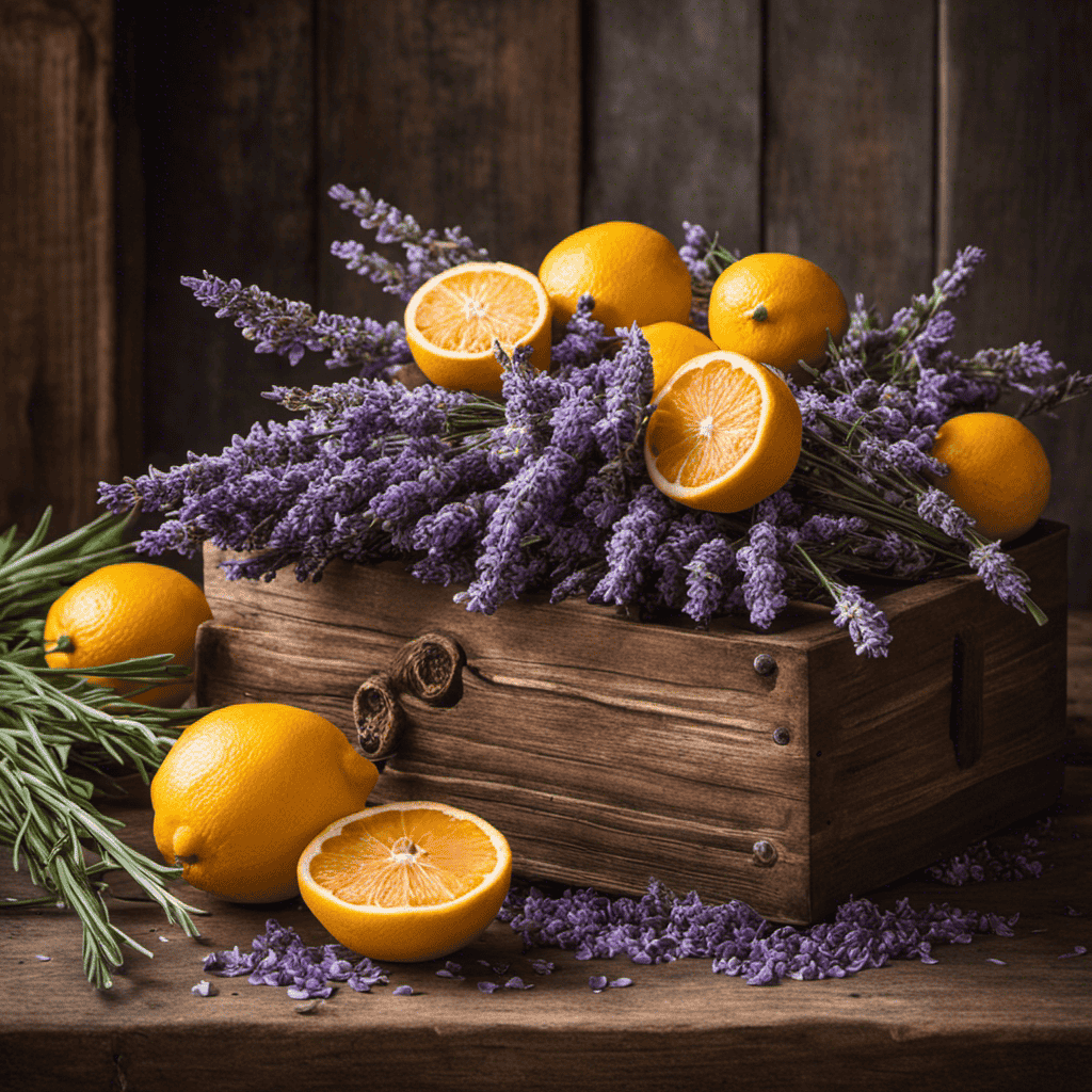 An image that showcases a collection of vibrant, nature-inspired ingredients like fresh lavender, zesty citrus peels, delicate rose petals, and aromatic herbs, beautifully arranged on a rustic wooden table