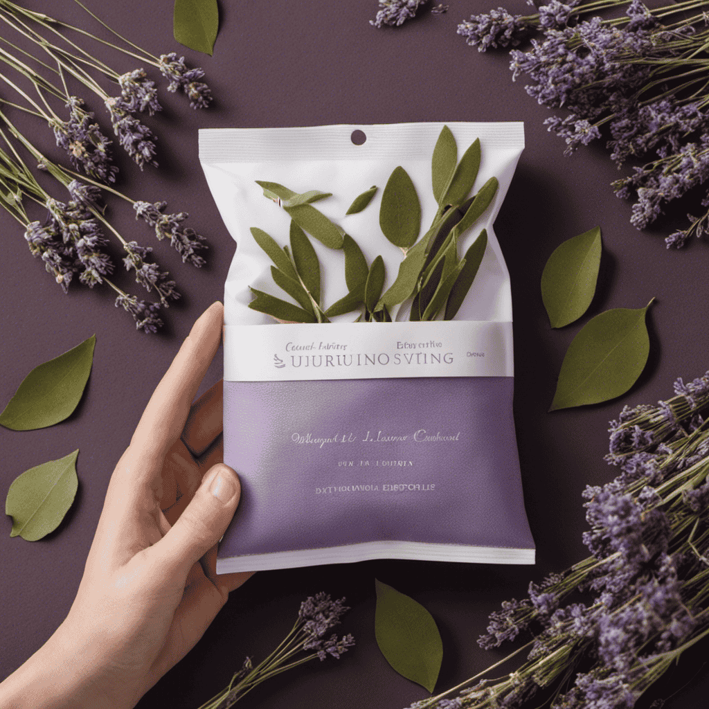 An image showcasing a serene scene of a hand holding an aromatic pad, revealing its contents: delicate cotton sachets filled with dried lavender buds, eucalyptus leaves, and chamomile petals