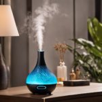 An image depicting a serene bedroom setting with a humidifier releasing a cool mist, while an aromatherapy essential oil diffuser emits gentle, colorful plumes of scented vapor, highlighting the differences between the two