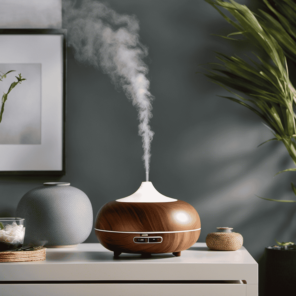 An image showcasing a serene living room with a softly lit essential oil diffuser spreading delicate tendrils of aromatic mist, enveloping the space in a tranquil ambiance