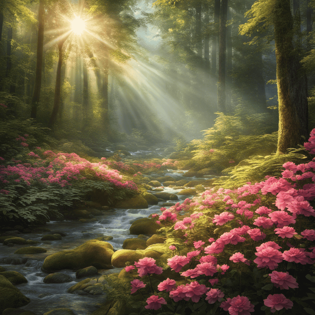 An image showcasing a serene forest scene with vibrant flowers blooming and delicate petals floating in the air