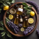 An image showcasing a serene spa setting with a wooden tray adorned with a variety of essential oil bottles, including lavender, eucalyptus, peppermint, and lemon, harmoniously arranged around a prominent tea tree oil bottle
