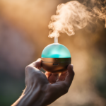 An image featuring a close-up shot of a person holding a small, sleek, portable aromatherapy device in their hand, emitting a gentle mist of aromatic vapor, surrounded by a serene and calming atmosphere
