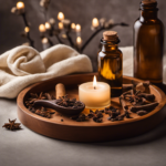 An image showcasing a serene spa setting with a wooden tray displaying a glass bottle of clove essential oil, surrounded by dried clove buds