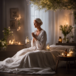 An image showcasing a serene cancer patient surrounded by soothing essential oils in a dimly lit room, as delicate wisps of aromatic vapors gently envelop them, fostering a sense of comfort and relaxation