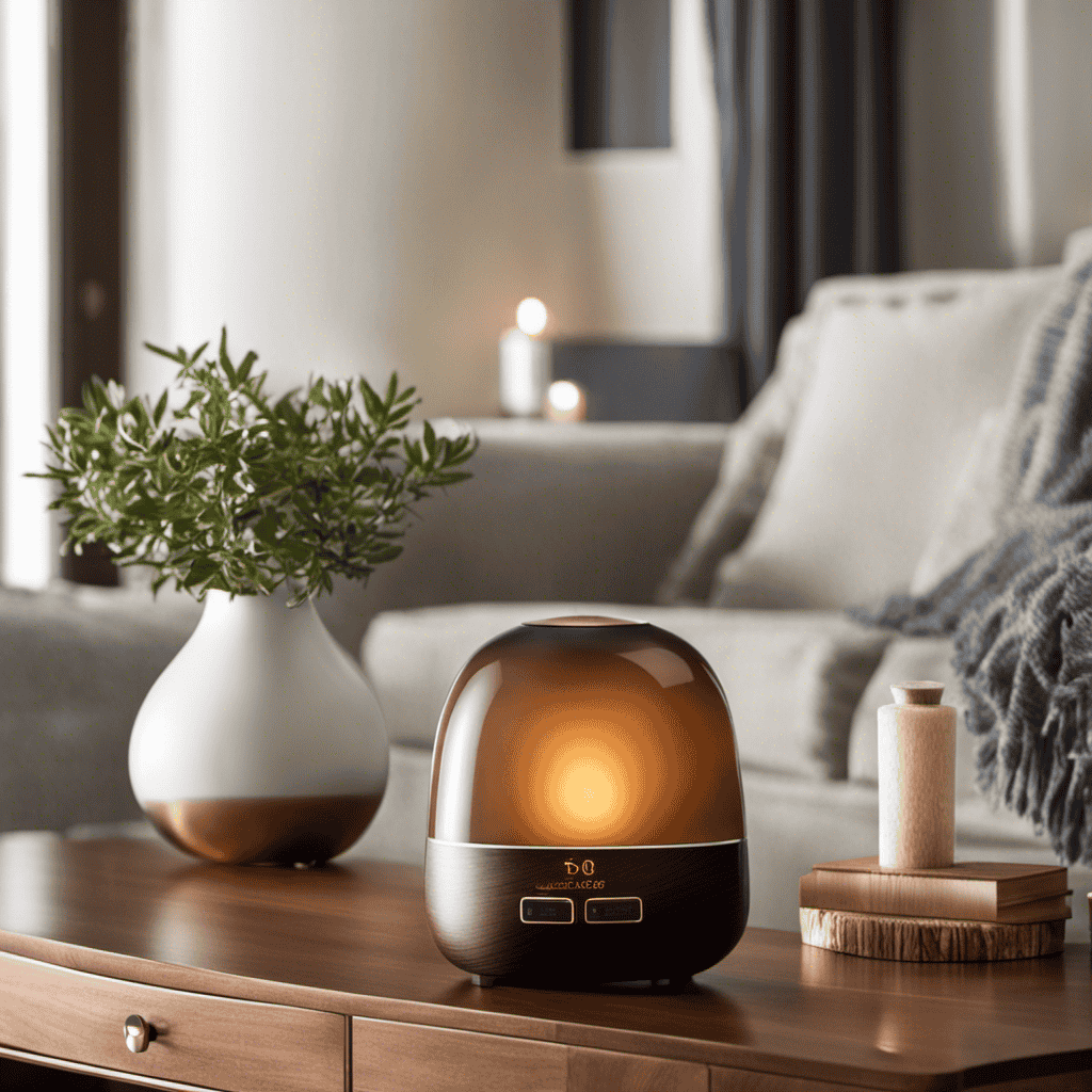 Vating image showcasing a serene and cozy living room, adorned with an elegant, sleek aromatherapy diffuser gently emitting fragrant mist, creating an inviting atmosphere of relaxation and tranquility