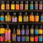 An image showcasing an array of vibrant carrier oils, with each bottle labeled and elegantly displayed, exuding a sense of relaxation and serenity