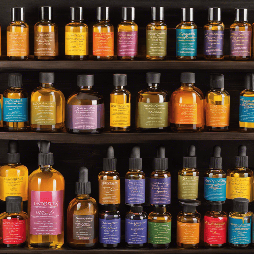 An image showcasing an array of vibrant carrier oils, with each bottle labeled and elegantly displayed, exuding a sense of relaxation and serenity