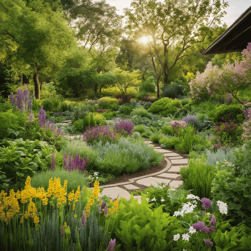 An image showcasing a serene herbal garden, with aromatic plants in full bloom