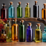 An image showcasing an array of beautifully colored glass bottles, each containing a unique aroma-infused oil