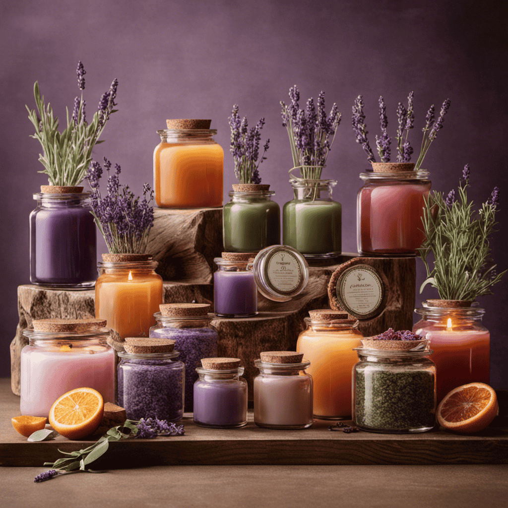An image showcasing an array of aromatic botanicals, meticulously arranged in glass jars, emitting delicate wisps of lavender, fresh citrus, soothing eucalyptus, earthy sandalwood, and enchanting rose, evoking the essence of 'pleasing' aromatherapy scents