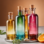 An image showcasing three transparent glass bottles, each filled with different colored essential oils